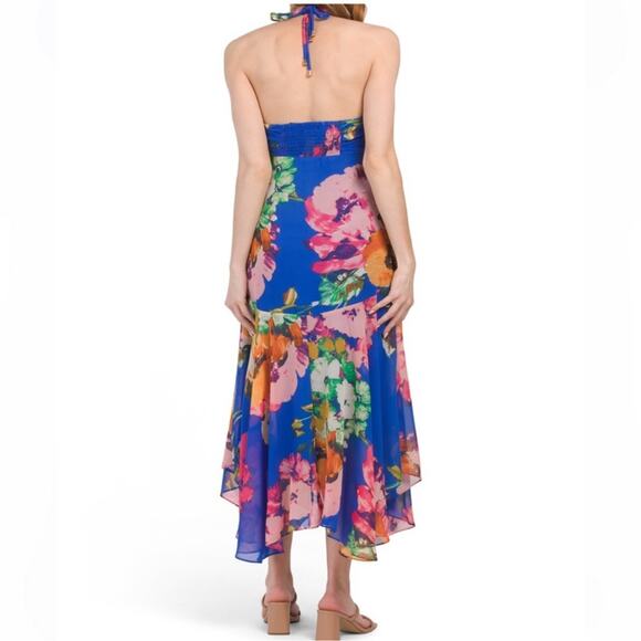 NWT Taylor Blue Floral Maxi Dress Open Back Halter Neckline Ruffled Hem Women 10 - Picture 3 of 6